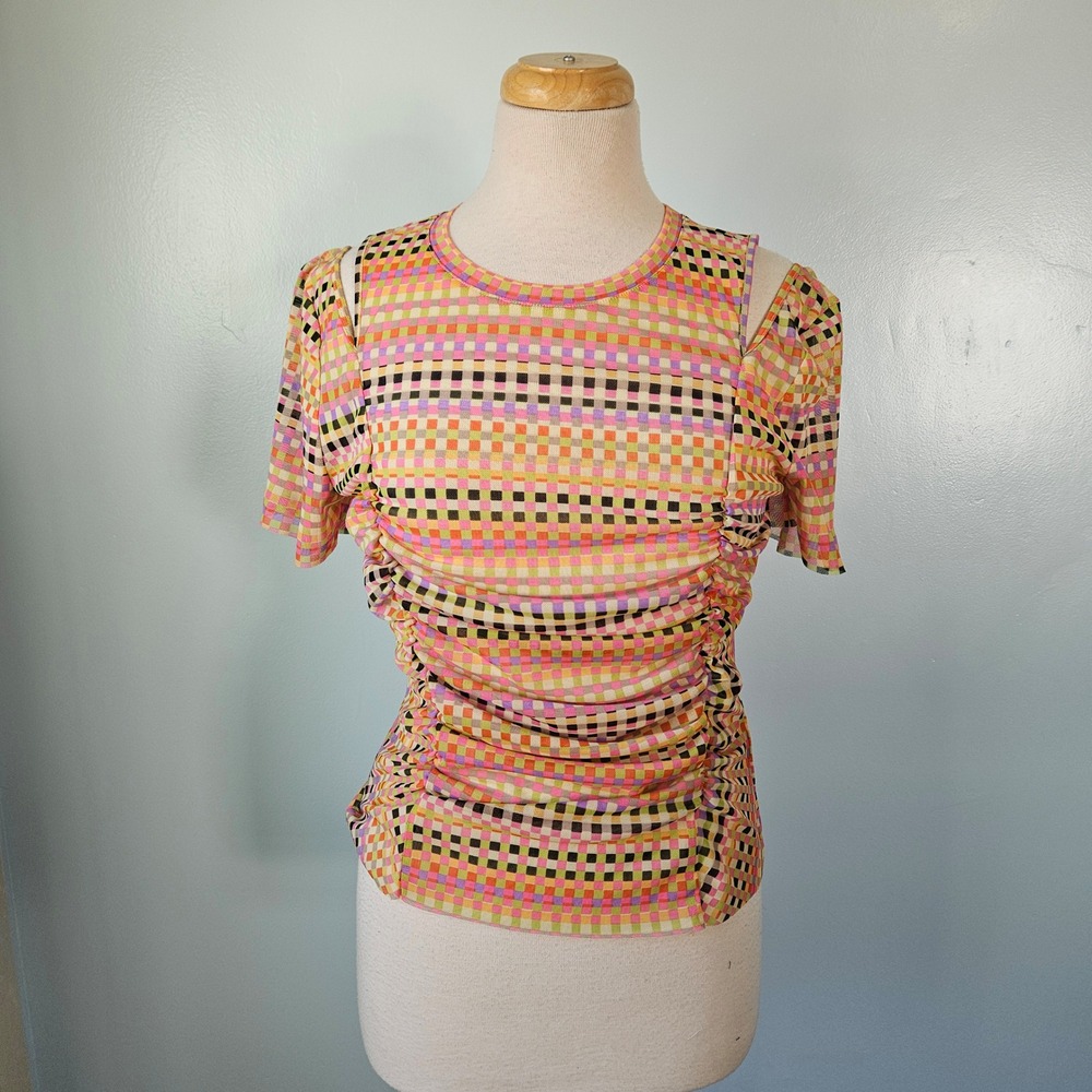 Circus NY by Sam Edelman Marzie Rainbow Check Mesh Ruched Cold Shoulder Topβ L